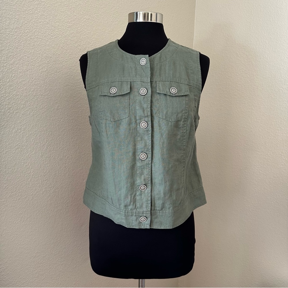 Chico's Linen Olive Green Button Down Crochet Vest Size M